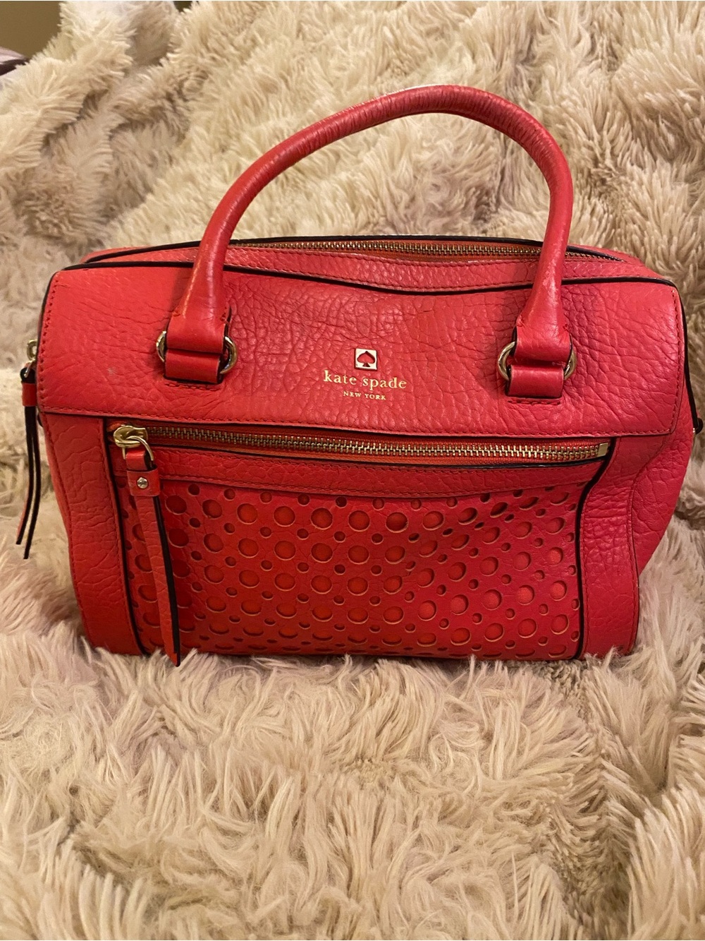 kate spade red leather satchel with perforated front panel